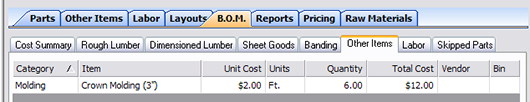 molding on the Bill of Materials