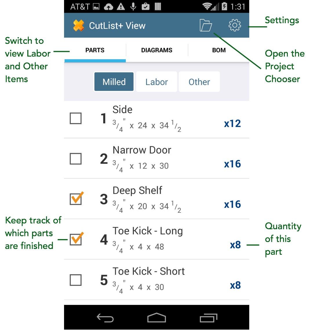 Parts List screen (Android)