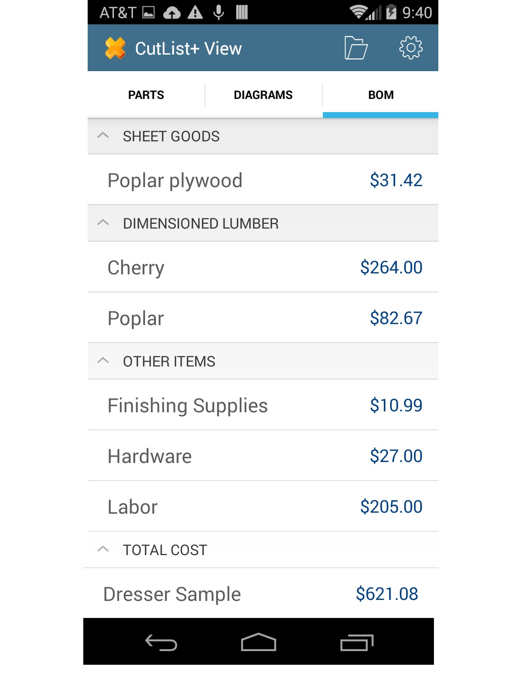 Bill of Materials screen (Android)