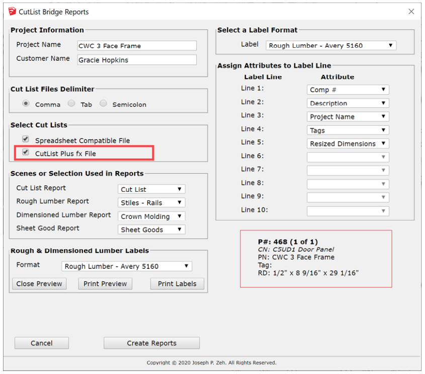 CutList Bridge Reports dialog, CutList Plus fx file mode