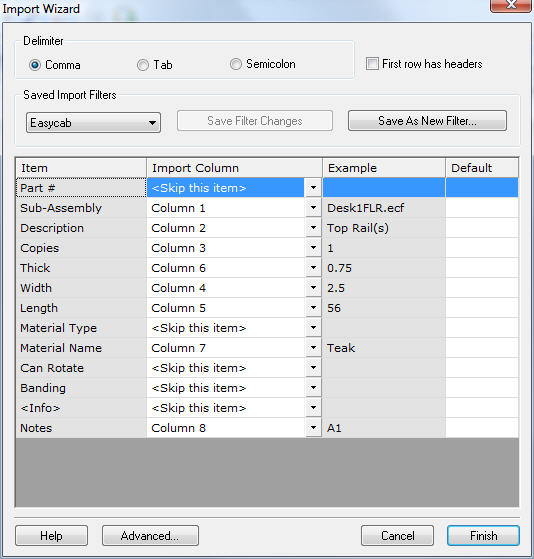 import wizard setup for Easycab without header row