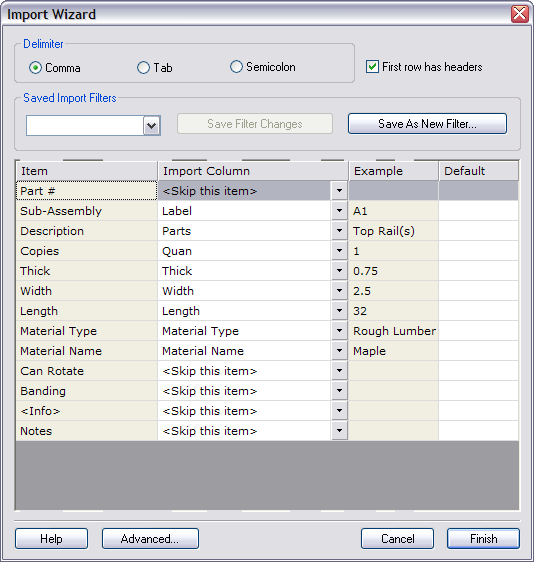 import wizard setup for Easycab with header row