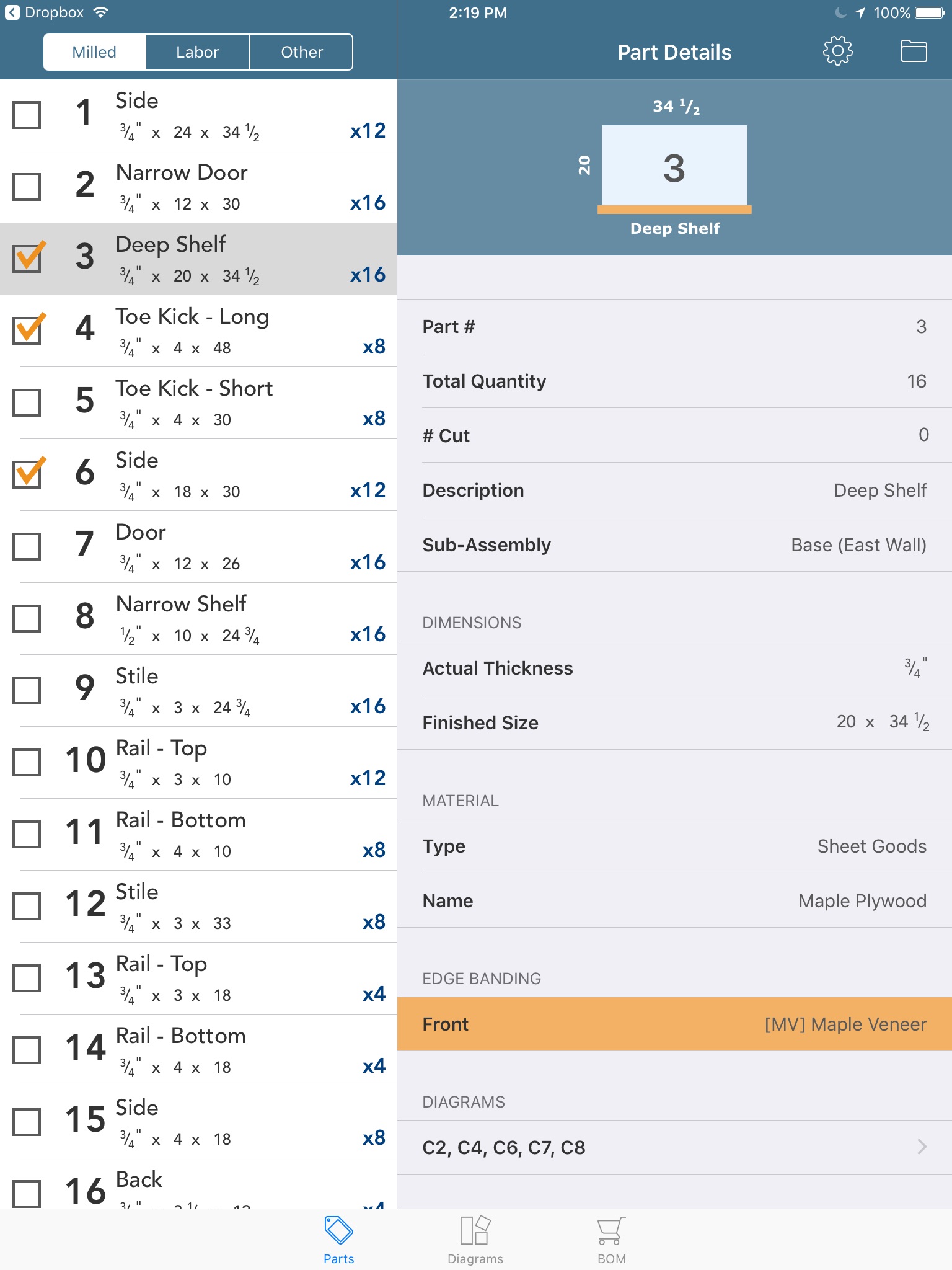 parts list screen