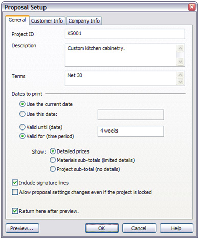 Proposal setup screen