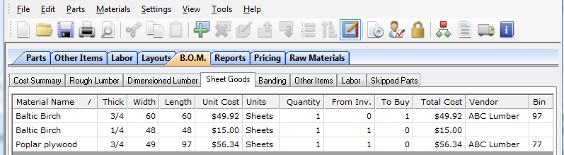 sheet goods BOM screen
